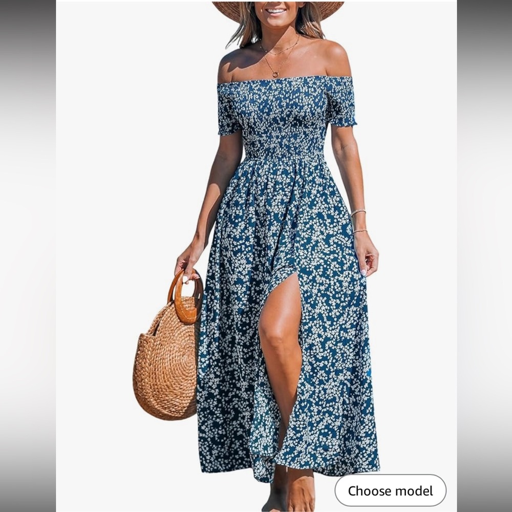 Off Shoulder Floral Tube Elastic‎ Waist High Slit Maxi Summer Dresses size XS